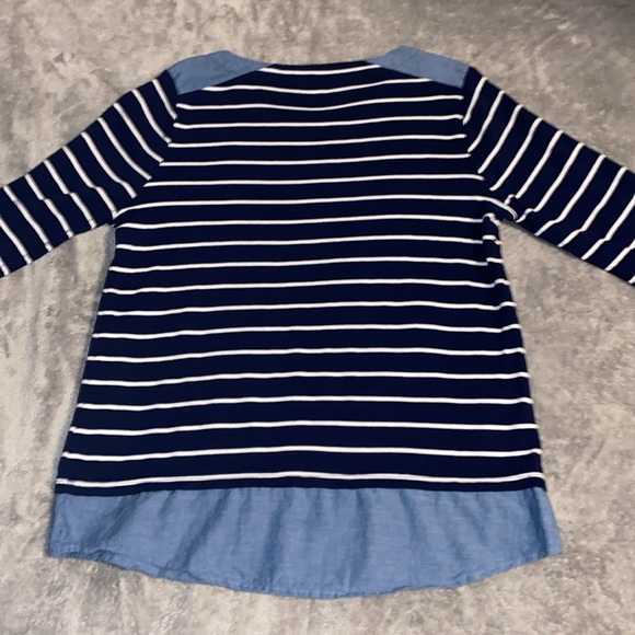 Kim Rogers Nautical Navy Striped Over Denim Layered-Look 3/4 Sleeve Anchor Top - Picture 4 of 16